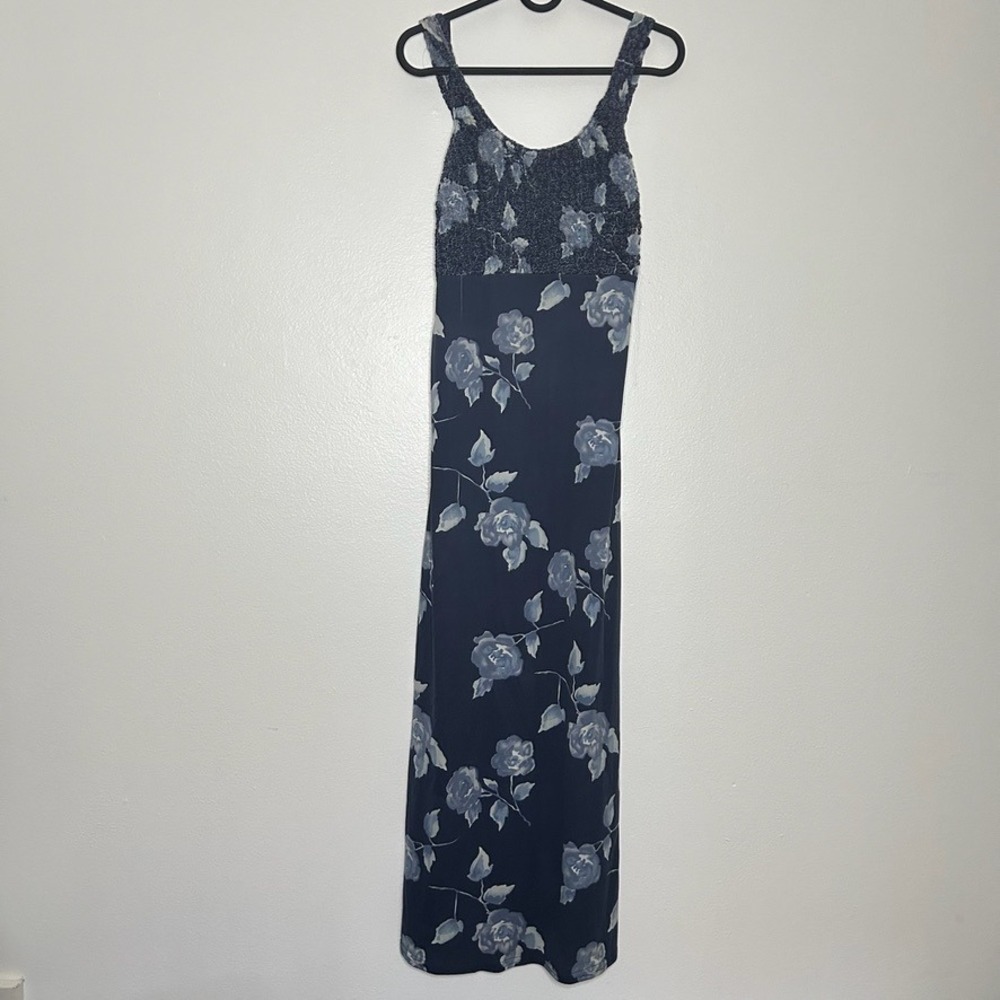 Vintage Up Front Floral Popcorn Smocked Maxi Dress Navy Blue Sz M 90s Y2K